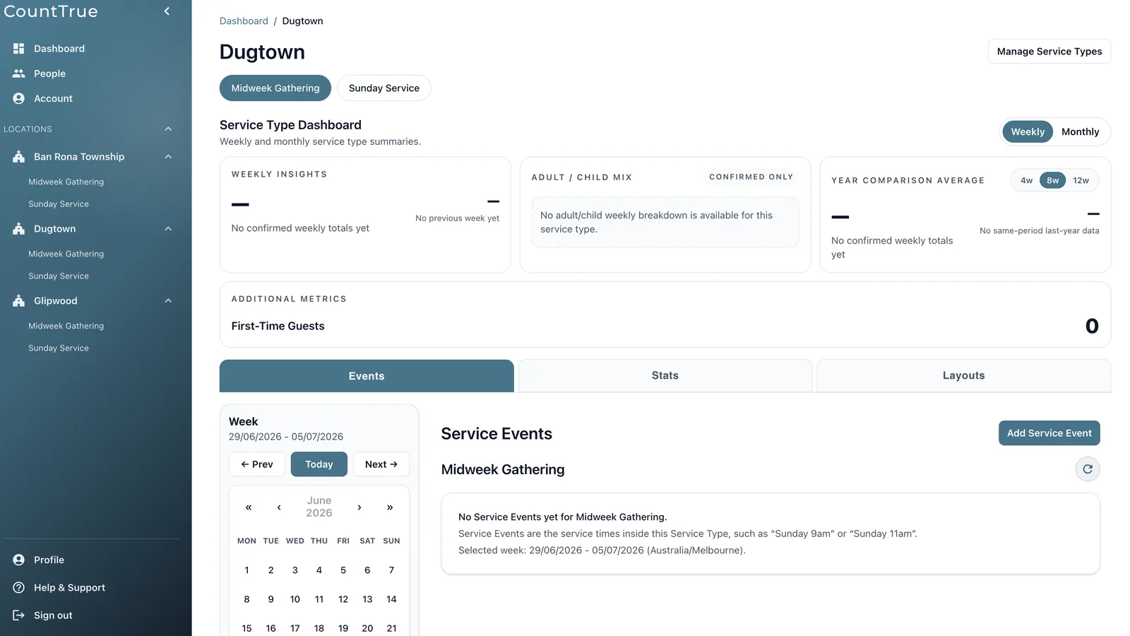 Location dashboard showing the service type, Events tab and Add Service Event button