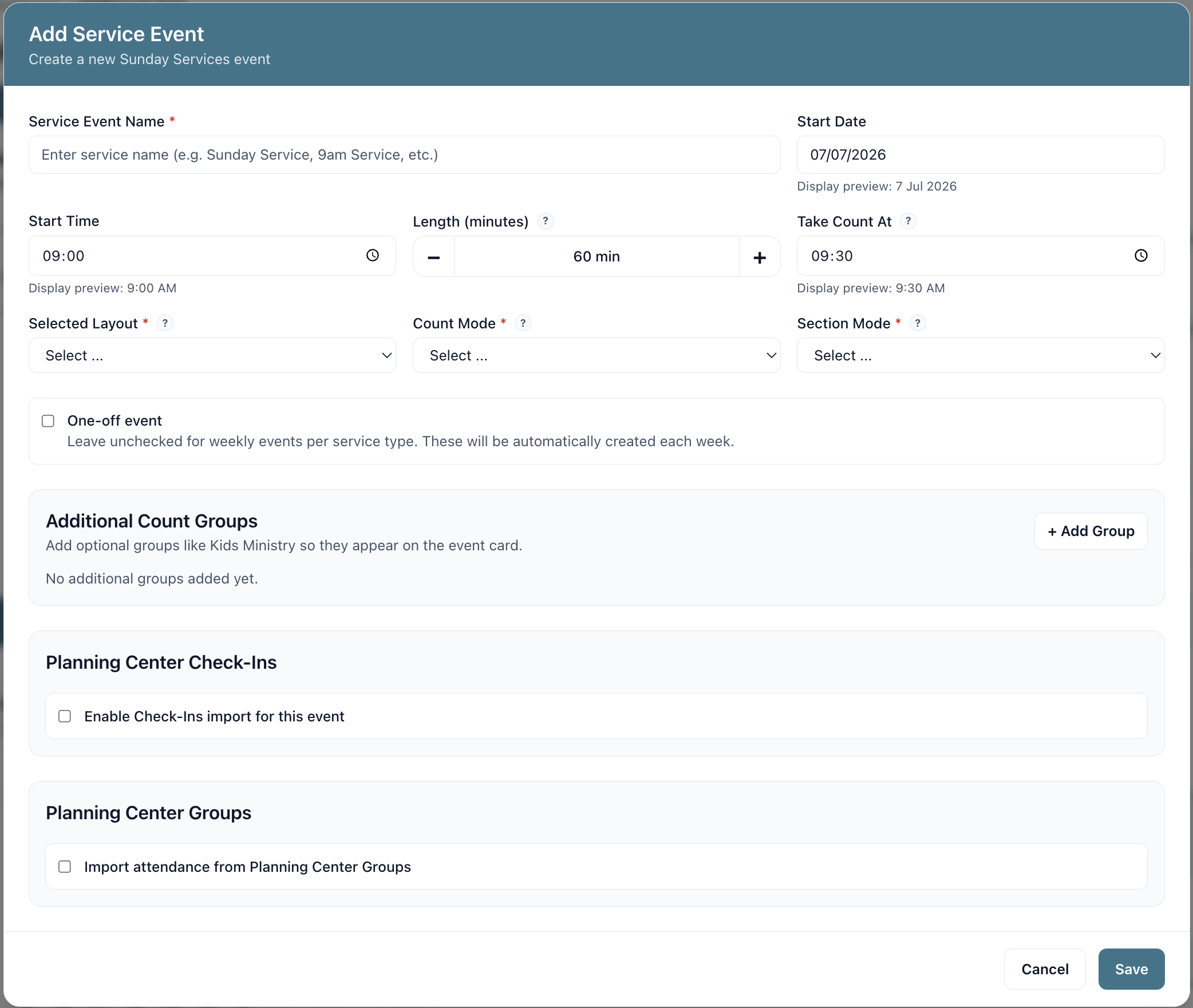 Completed Add Service Event window showing the main settings
